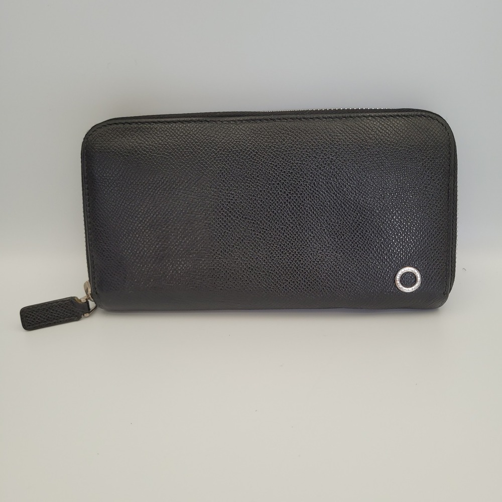 BVLGARI B.Zero1 Black Grain Leather Zip Around Wallet Blue Interior Long Wallet